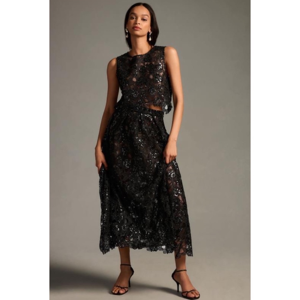 Eva Franco Black Sequin Cut Out Midi Skirt